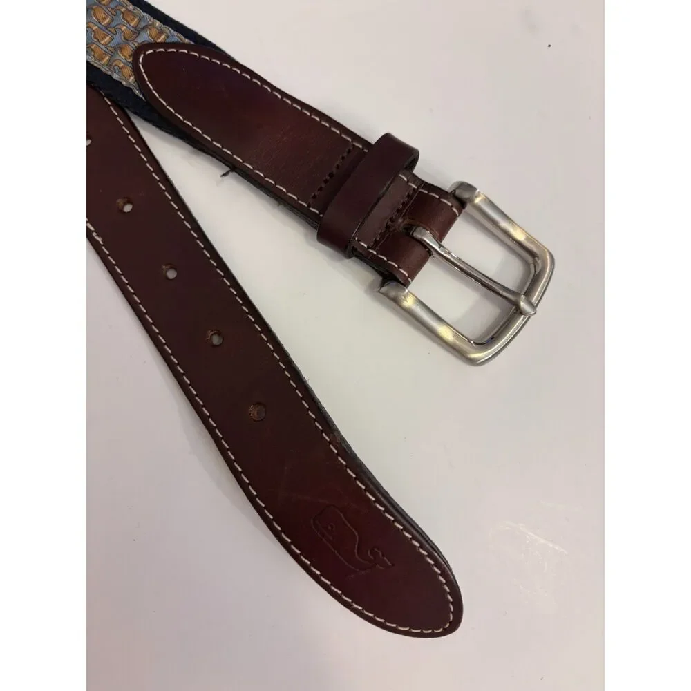 Vineyard Vines Whale Canvas Leather Belt Size 32 Navy Blue Brown Preppy